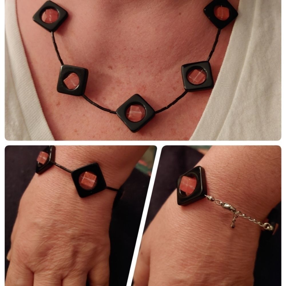 HANDMADE Necklace & Bracelet SET Black Onyx/Pink Quartz stone & black glass bugl